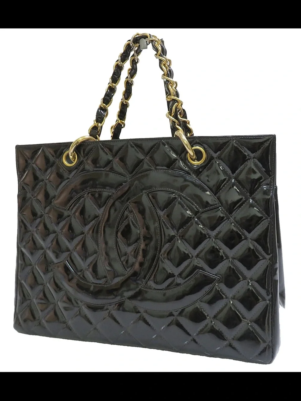 CHANEL Black Quilted Patent Leather Tote with Gold Chain Handles